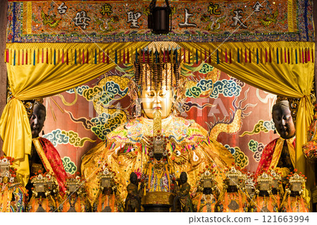 The main hall of the Great Mazu Temple in Tainan, Taiwan, enshrined statues of Mazu. the Mazu is a deified form of the medieval Fujianese shamaness Lin Moniang. 121663994