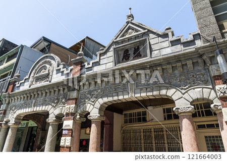 Building view of the Daxi Old Street in Taoyuan, Taiwan. The street is the baroque-style architecture built during Japanese rule.  121664003