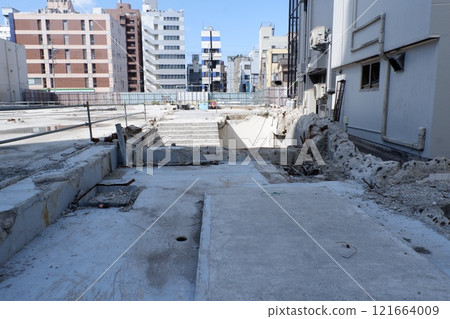 Foundation of a building being demolished 121664009