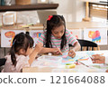 Two young Asian girls with Down syndrome engage in a fun arts and crafts activity, sharing smiles and creativity. They are focused on crafting with colorful materials 121664088