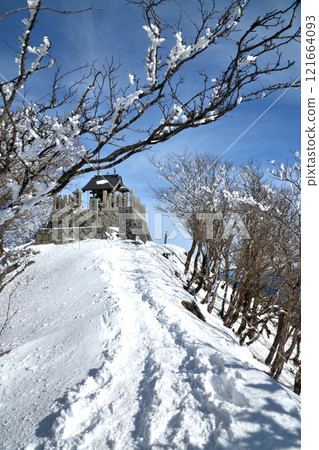 Rime-covered trees on Mt. Takamisan (mountain peak) [Higashiyoshino Village, Nara Prefecture] 121664093