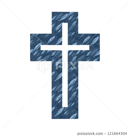 Catholic cross with sardine fish pattern in honor of the sardine funeral festival in Spain. Watercolor illustration hand-drawn on transparent background for print production Catholic cross with sardine fish pattern in honor of the sardine funeral festival in Spain. Watercolor illustration hand-drawn on transparent background for print production 121664304