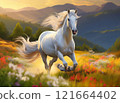 A white horse galloping in the setting sun 121664402