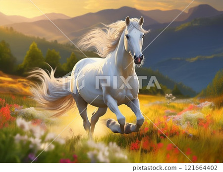 A white horse galloping in the setting sun 121664402