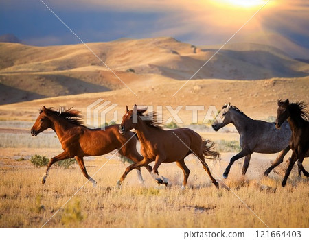 Horses galloping across the prairie 121664403