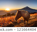 Horses, Mt. Fuji and sunrise 121664404