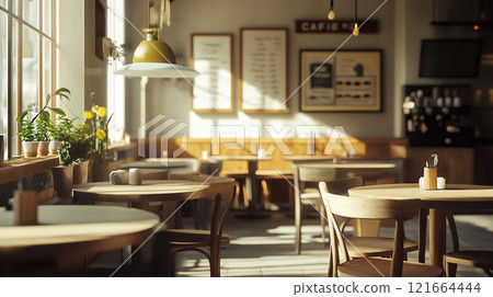 自然的咖啡館內部，宜人的陽光照射進來 121664444