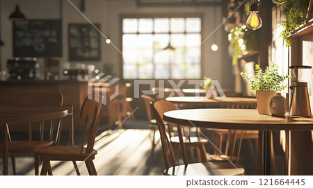 咖啡館的木質內飾,溫暖的陽光透過它 咖啡館的木質內飾,溫暖的陽光透過它 121664445