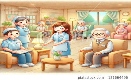 Caregivers and users working happily at a welfare facility where everyone is smiling 121664496