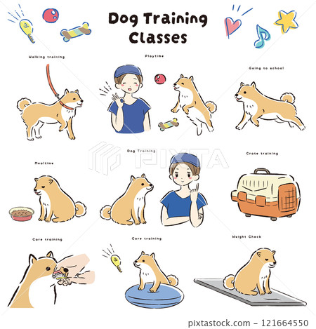 Illustration of a dog kindergarten (training class, dog trainer, dog school) 121664550