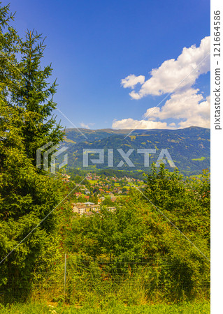 Wonderful wooded mountain alpine panorama with village and huts Austria. Wonderful wooded mountain alpine panorama with village and huts Austria. 121664586