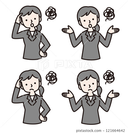 A woman in a suit with multiple gestures who is worried and troubled: Illustration material A woman in a suit with multiple gestures who is worried and troubled: Illustration material 121664642