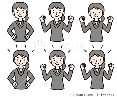 Fist pump, confidence, motivation: A woman in a suit with multiple gestures: Illustration material Fist pump, confidence, motivation: A woman in a suit with multiple gestures: Illustration material 121664643