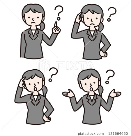 A woman in a suit with multiple gestures wondering: Illustration material A woman in a suit with multiple gestures wondering: Illustration material 121664660