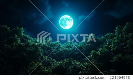 A serene night landscape featuring a bright full moon over lush green trees. 121664978