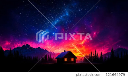 A serene night scene showcasing a cozy cabin under a vibrant starry sky. A serene night scene showcasing a cozy cabin under a vibrant starry sky. 121664979