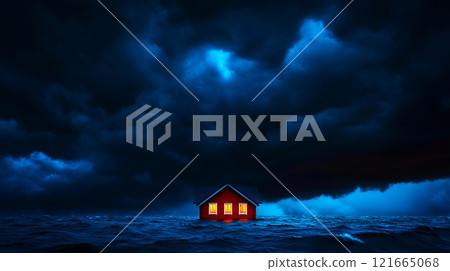 A solitary house illuminated against a stormy, darkened sky and rising floodwaters. 121665068