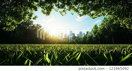 A tranquil view of lush green grass beneath a radiant sunrise and city skyline. 121665092