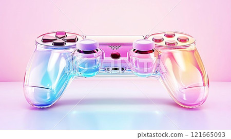 A translucent game controller with vibrant pink and blue light effects. 121665093