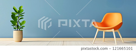 A vibrant orange chair and green plant against a serene blue wall create a modern ambiance. A vibrant orange chair and green plant against a serene blue wall create a modern ambiance. 121665101