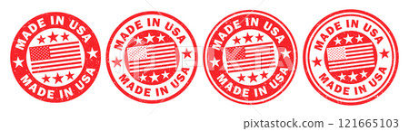 Made in USA grunge style circle rubber stamp badge icon. Produced in the USA logo sign symbol. Vector illustration image. Isolated on white background. Made in USA grunge style circle rubber stamp badge icon. Produced in the USA logo sign symbol. Vector illustration image. Isolated on white background. 121665103