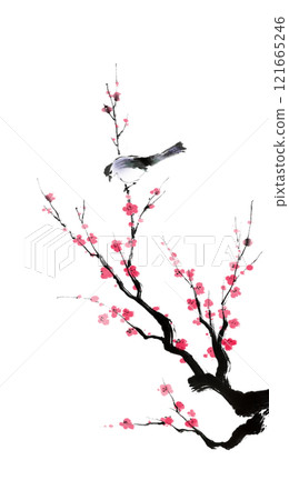 Hand-drawn ink painting of plum blossoms and birds (light color, no background) Hand-drawn ink painting of plum blossoms and birds (light color, no background) 121665246