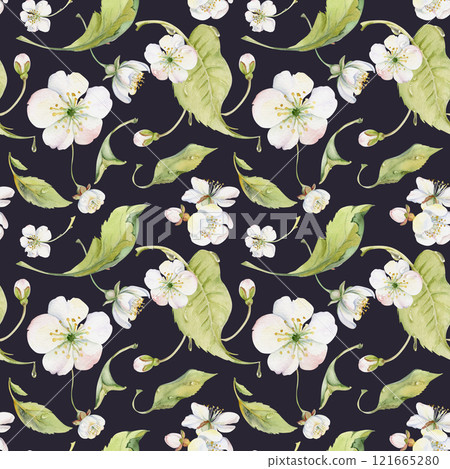 Cherry sakura apple white flower, bud, green leaves on branches, hand drawn in watercolor, wildflower botanical illustration. Seamless pattern isolated on dark for scrapbooking, wedding, florist shop. 121665280