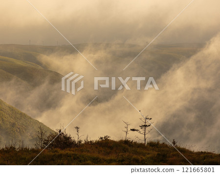 A plateau enveloped in a sea of clouds and morning mist with autumn leaves 121665801