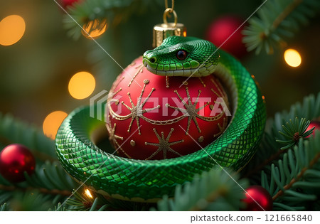 A snake coils around a red Christmas ornament adorned with elegant patterns. Its shimmering scales glisten under the warm glow of festive garlands, creating a striking holiday scene 121665840