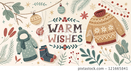 A warm Warm Wishes message sits in the center, bordered by cozy sweaters, mittens, and festive ornaments 121665841
