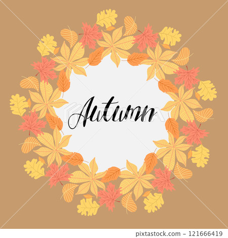 Bright autumn wreath of orange and yellow leaves, celebrating fall foliage. Ideal for Thanksgiving, seasonal invitations, or nature-inspired decor Bright autumn wreath of orange and yellow leaves, celebrating fall foliage. Ideal for Thanksgiving, seasonal invitations, or nature-inspired decor 121666419