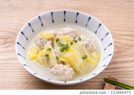 Chinese soup with meatballs and Chinese cabbage 121666473