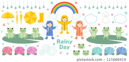 雨季/雨天向量插畫素材集 雨傘 雨衣 青蛙 Teruteru Bozu 繡球花 繡球花 121666919