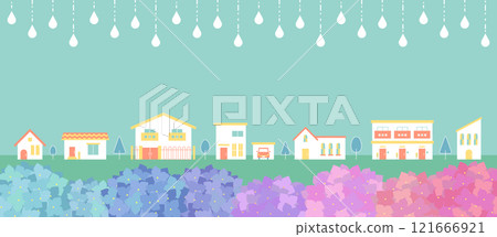 Vector illustration background material of cityscape and hydrangea on rainy day in rainy season Townscape Buildings Houses Copy space 121666921