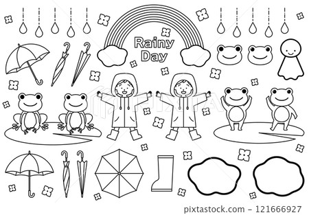 單色雨季/雨天向量插畫素材集雨傘雨衣青蛙Teruteru Bozu彩虹 121666927