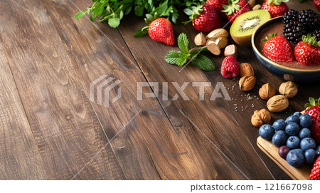 A chocolate smoothie bowl topped with fresh fruits, nuts, and seeds on a wooden table, representing a nutritious and healthy breakfast to start the year right. A chocolate smoothie bowl topped with fresh fruits, nuts, and seeds on a wooden table, representing a nutritious and healthy breakfast to start the year right. 121667098