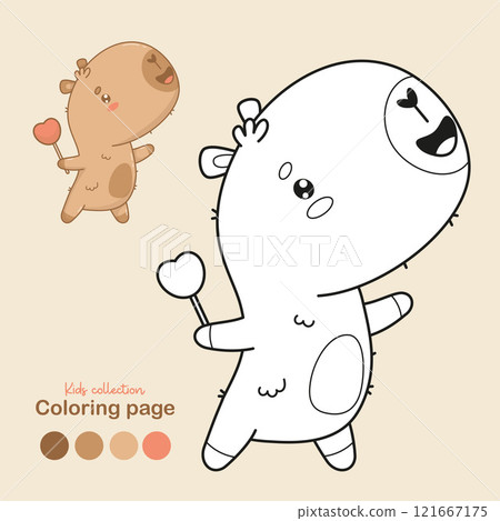 Outline capybara with heart. Happy cartoon kawaii animal. Isolated colored and Line drawing, coloring page. Vector illustration. Kids collection Outline capybara with heart. Happy cartoon kawaii animal. Isolated colored and Line drawing, coloring page. Vector illustration. Kids collection 121667175