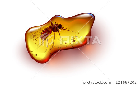 Amber with insect mosquito inside. Fossil ancient orange stone amber with bug frozen inside on white. Fossil mosquito in sunstone resin. Realistic vector illustration ancient amber. Archaeology. Amber with insect mosquito inside. Fossil ancient orange stone amber with bug frozen inside on white. Fossil mosquito in sunstone resin. Realistic vector illustration ancient amber. Archaeology. 121667202