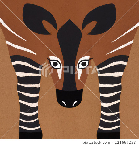 Artistic depiction of an okapi with distinctive markings against a simple background 121667258