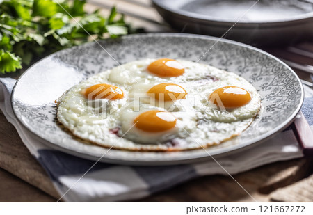 English breakfast on a plate. Ham and eggs sprinkled with parsley English breakfast on a plate. Ham and eggs sprinkled with parsley 121667272