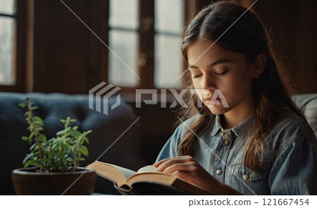 A young girl with a focused gaze sits quietly in a library, immersed in the pages of an intriguing book A young girl with a focused gaze sits quietly in a library, immersed in the pages of an intriguing book 121667454