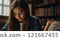 Young girl reading interesting book sitting in a library 121667455