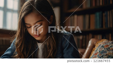 Young girl reading interesting book sitting in a library Young girl reading interesting book sitting in a library 121667455