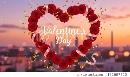 Valentine's Day Heart Made of Red Roses with Golden Confetti 121667520