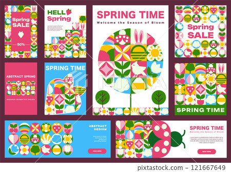 The Big set of posters, banners, cards template with Spring patterns and icons, Creative collection Bauhaus Geometric style with text in a vector illustration 121667649