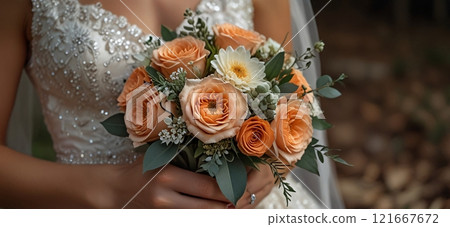 bride holding a wedding bouquet with roses 121667672