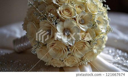 white wedding bouquet with white roses 121667674