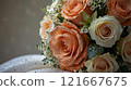 beautiful wedding cake with roses, lace decoration 121667675
