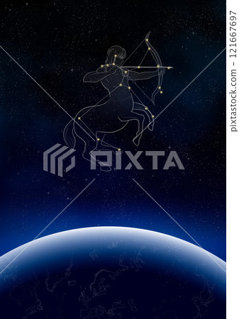 Sagittarius flying through the sky (constellation illustration) Sagittarius flying through the sky (constellation illustration) 121667697