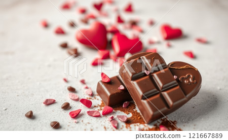 illustration of a valentines day themed image, heart shaped chocolates with red rose petals around illustration of a valentines day themed image, heart shaped chocolates with red rose petals around 121667889